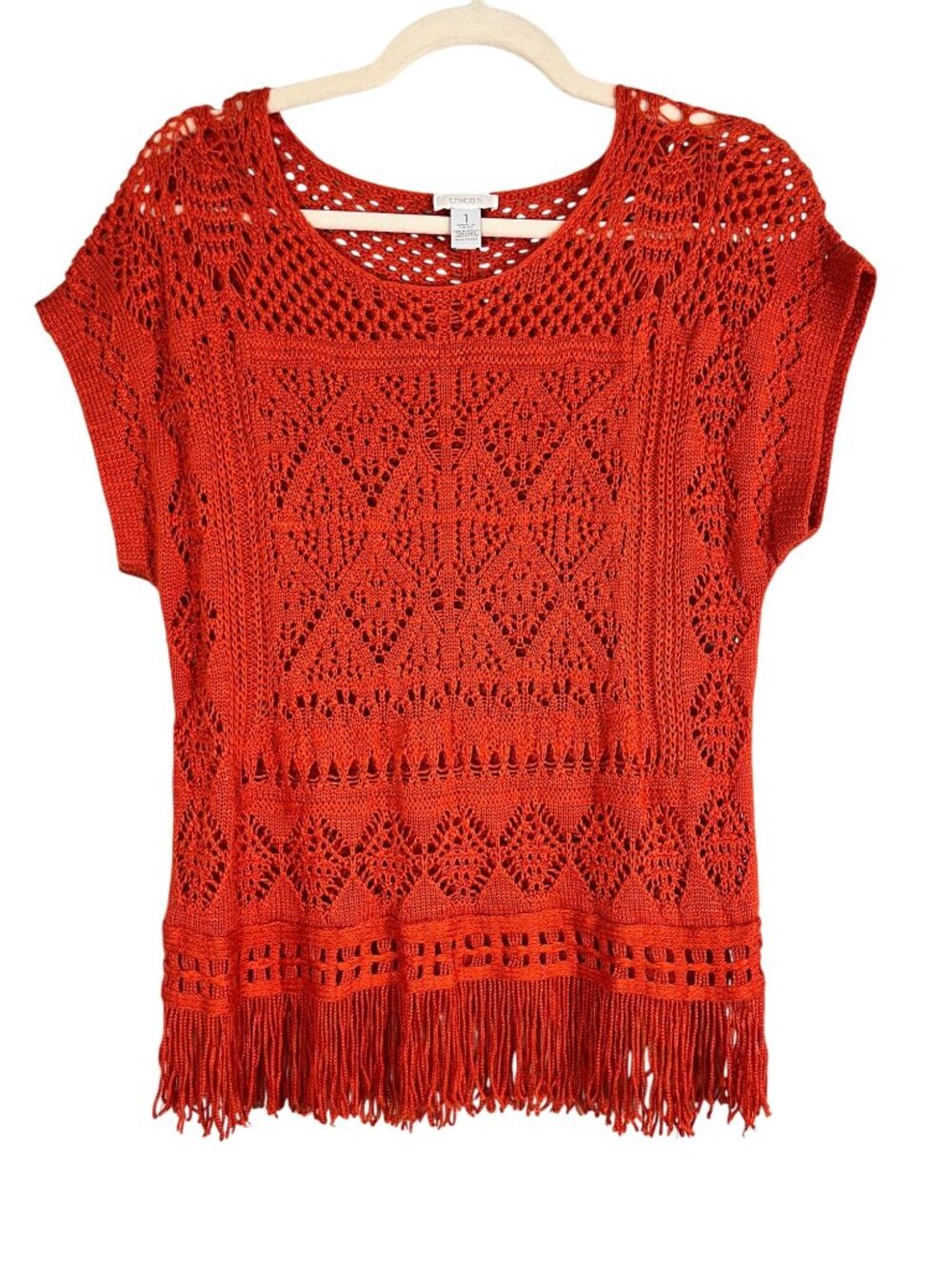 Chicos Knit Floral Fringe Sweater Orange L Boho Indie Folk Festival Beach Artsy